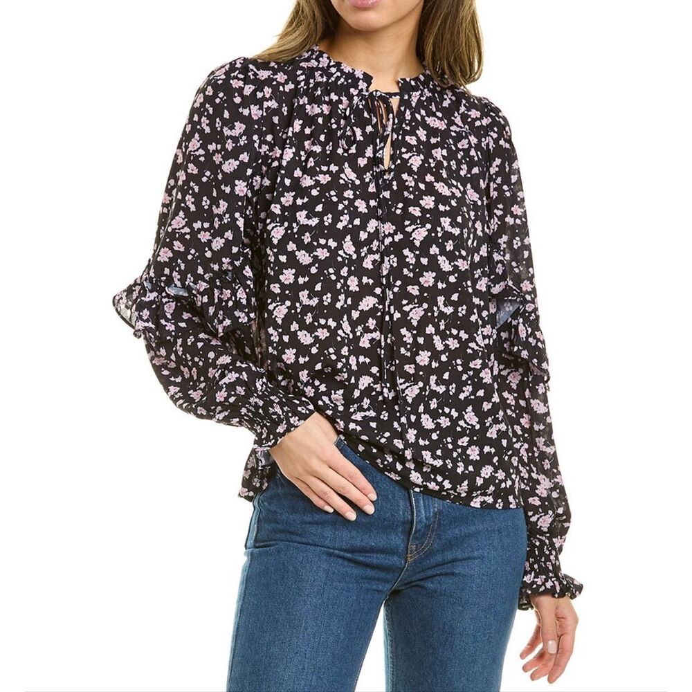 Stellah $341 Floral Ditsy Tie Neck Long Sleeve Ruffle Blouse Top Black boho XS N